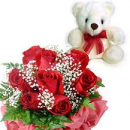 12 Red Roses With Cute Teddy